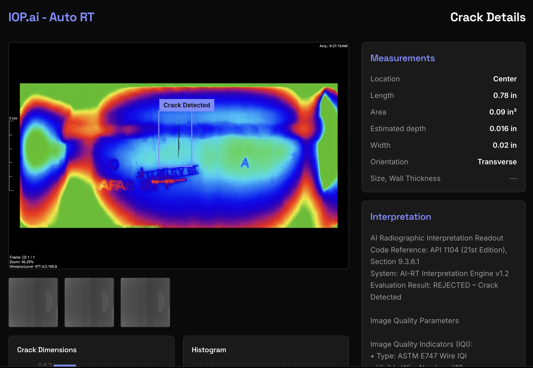 NDT ADR system dashboard interface showing defect detection and classification